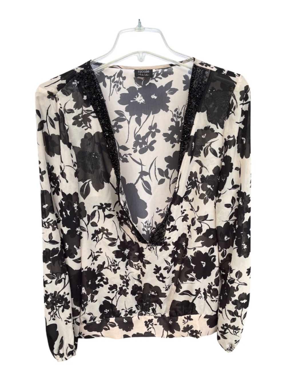 Nicole Miller Beige and Black Floral Printed Blouse-Size XL